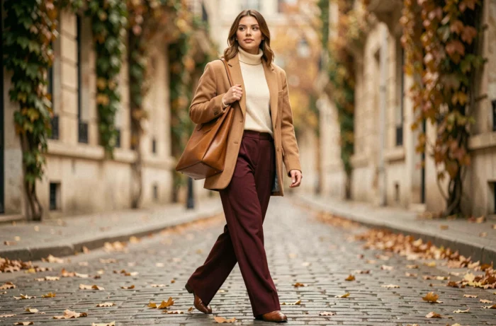 Femme élégante portant un blazer camel oversize et un pantalon large bordeaux dans une rue pavée parisienne en automne