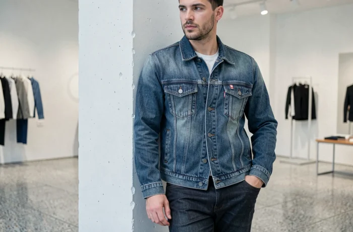 Homme en tenue double denim tendance appuyé contre un pilier dans un concept store minimaliste moderne