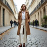 Femme élégante en trench coat camel et pantalon large ivoire dans une rue parisienne pavée, tendances mode automne