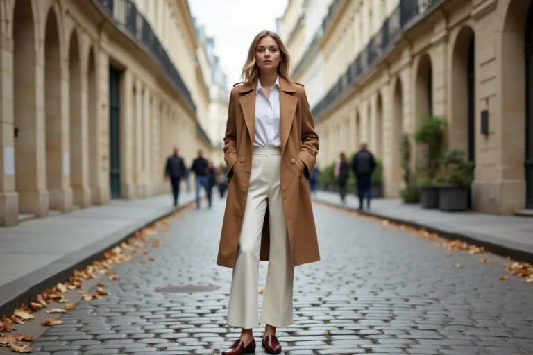 Femme élégante en trench coat camel et pantalon large ivoire dans une rue parisienne pavée, tendances mode automne