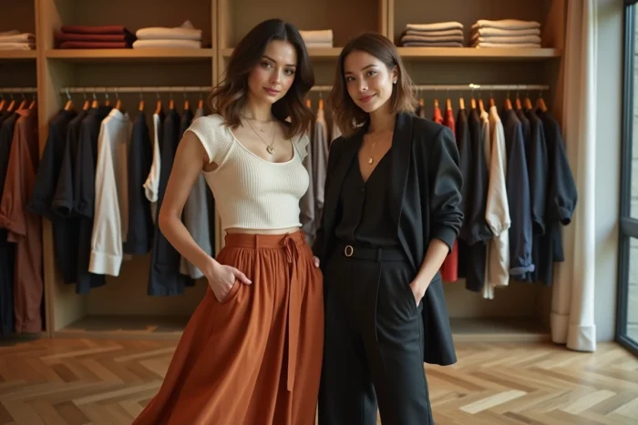 Deux femmes élégantes explorant une boutique de mode tendance, tenues mi-longues et ensemble coordonné stylé