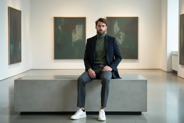 Homme stylé en blazer marine et col roulé vert sauge assis dans une galerie d'art moderne, tendances mode masculine élégante