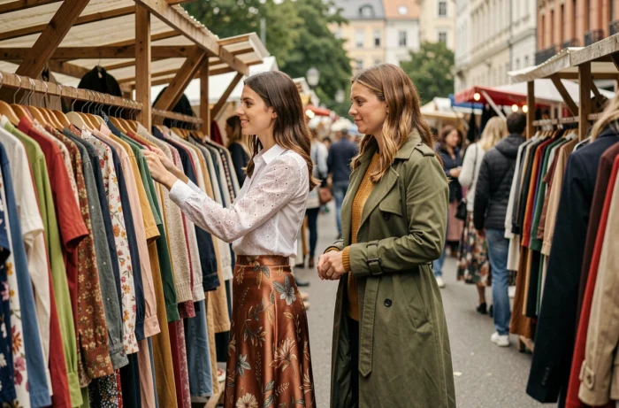 Deux femmes aux styles tendance distinct parcourant un marché vintage en plein air avec des vêtements colorés en arrière-plan