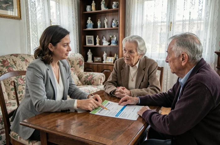 Travailleuse sociale ADMR présentant les nouveaux tarifs 2026 à un couple de retraités à domicile