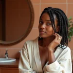 Jeune femme noire aux cheveux courts afro coiffés en tresses cornrows sans rajout devant un miroir dans une salle de bain chaleureuse