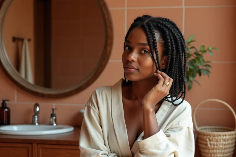Jeune femme noire aux cheveux courts afro coiffés en tresses cornrows sans rajout devant un miroir dans une salle de bain chaleureuse