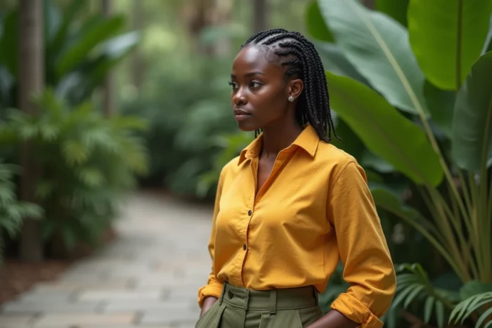Femme aux cheveux afro courts coiffés en tresses plates sans rajout dans un jardin botanique urbain, tenue décontractée jaune moutarde
