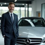 Vendeur automobile Mercedes en costume sombre posant devant une berline Mercedes-Benz dans une concession moderne