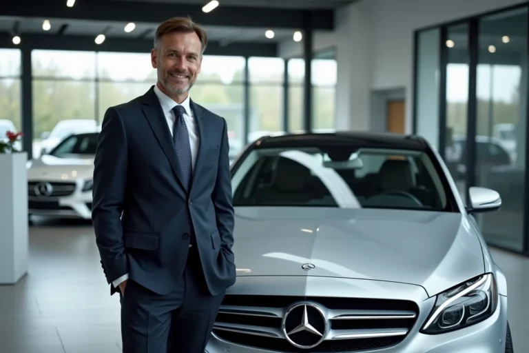 Vendeur automobile Mercedes en costume sombre posant devant une berline Mercedes-Benz dans une concession moderne