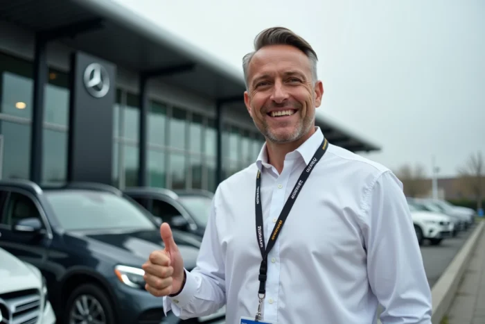 Vendeur Mercedes en extérieur présentant une gamme de SUV devant une concession automobile de luxe