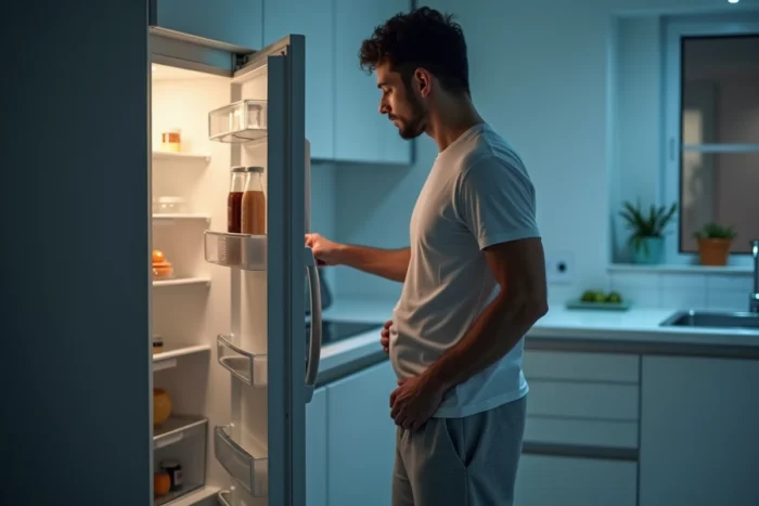 Homme debout devant un réfrigérateur vide tenant son ventre creux dans une cuisine minimaliste