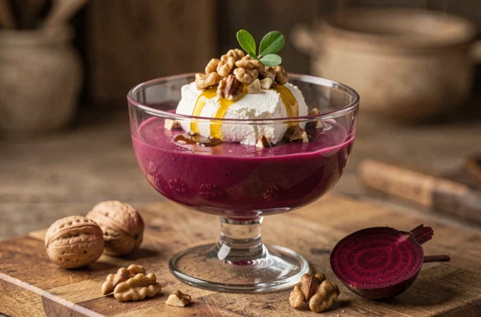 Verrine de crème de betterave violette avec chèvre frais blanc et éclats de noix dorées