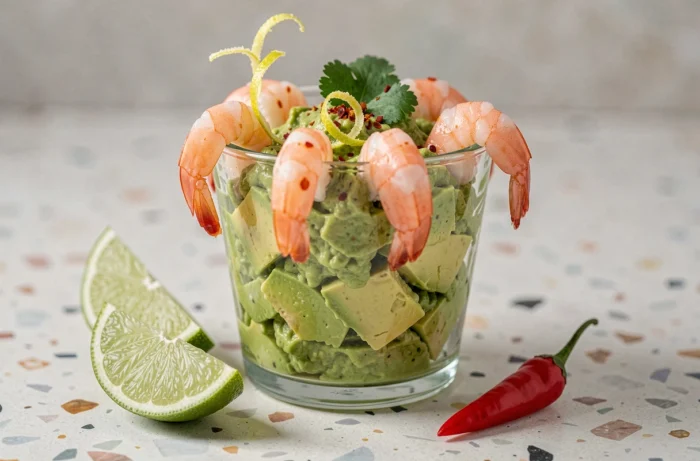 Verrine de guacamole vert avec crevettes marinées au citron vert disposées sur le rebord du verre