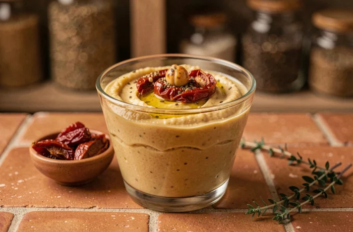 Verrine de houmous de pois chiches dorés agrémentée de tomates séchées et d'un filet d'huile d'olive