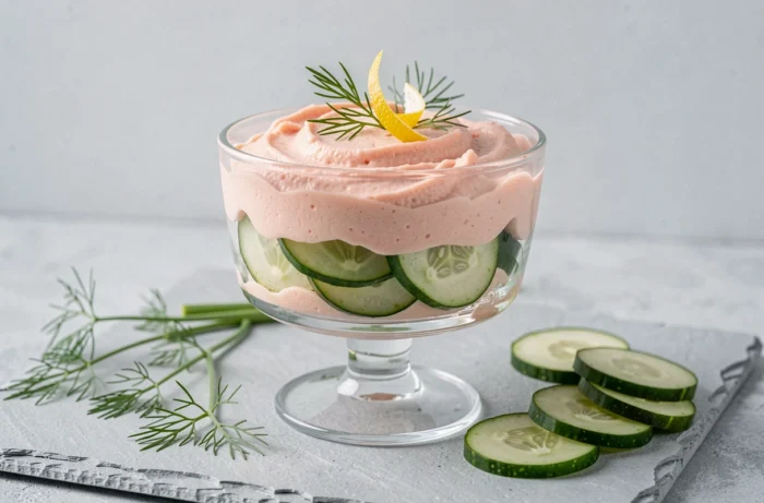 Verrine de mousse de saumon fumé rose pâle sur lit de concombre et aneth, présentée sur ardoise grise
