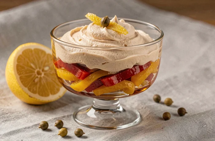 Verrine de mousse de thon au citron sur lit de lanières de poivrons confits rouges et jaunes