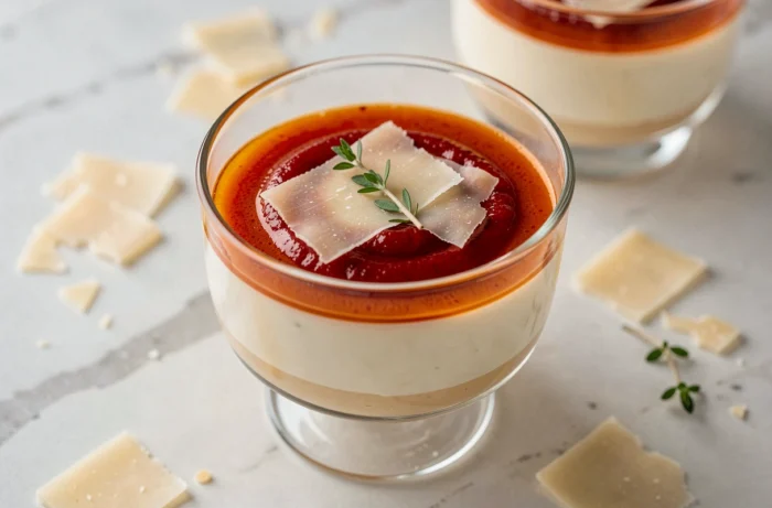 Verrine de panna cotta au parmesan surmontée d'un coulis de poivron grillé rouge vif, garnie d'un copeau de parmesan