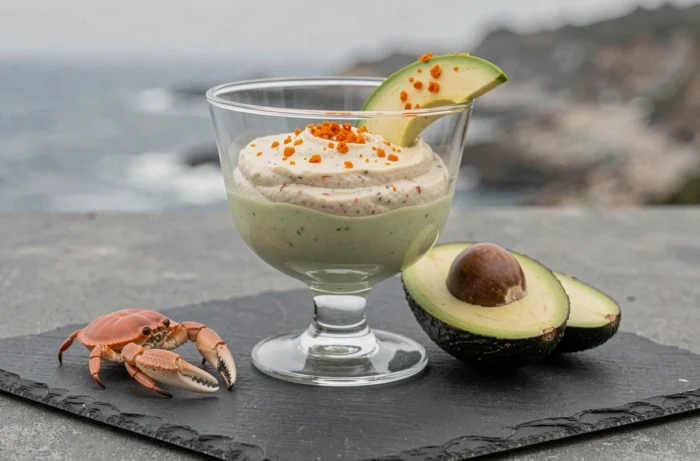 Verrine de rillettes de crabe sur avocat crémeux saupoudrée de piment d'Espelette orange