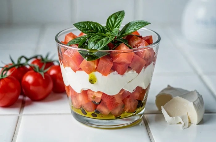 Verrine de tartare de tomates rouge vif et couche de mozzarella blanche au basilic frais