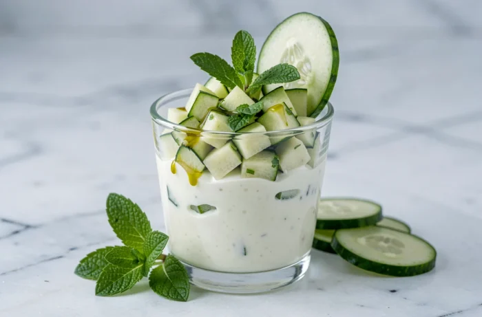 Verrine de tzatziki crémeux blanc surmontée d'un tartare de courgette à la menthe fraîche