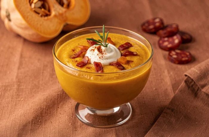 Verrine de velouté de butternut doré surmontée d'éclats de chorizo croustillants et de crème fraîche