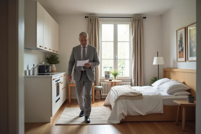 Agent immobilier faisant visiter un appartement meublé LMNP à un locataire potentiel