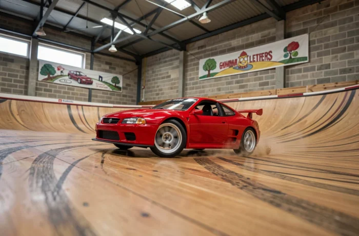 Voiture RC drift rouge en pleine action sur un circuit intérieur en bois lors d'une session de modélisme en Vendée