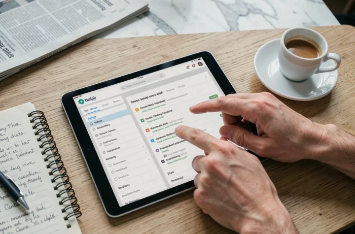 Vue aérienne d'une tablette affichant un sitemap de site d'actualités avec prise de notes